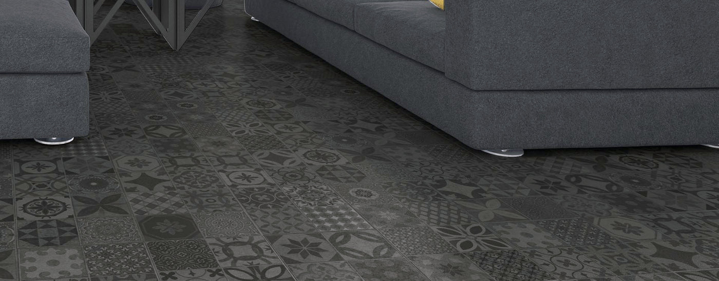FirmFit Encaustic Tile Deco 300mm x 600mm Vinyl Tile Victorian Charcoal